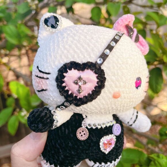 Hello Kitty Black Pink Style Crochet Doll | Handmade Gothic Hello Kitty - Picture 10 of 11